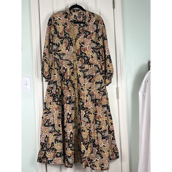 Me 2 Magic Dresses & Skirts - Me 2 Magic Womens 2X Paisley Tiered Maxi Dress Black Gold Rust Long Sleeve Boho